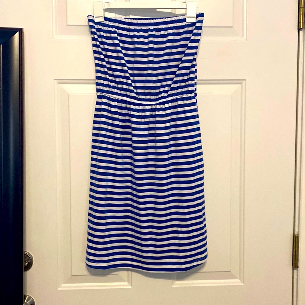 Strapless blue and white stripped dress